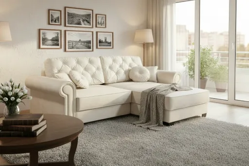 Ecksofa  - Sofa 2-Sitzer mit Longchair rechts, Schlaffunktion mit Bettkasten, Stoff, Creme
