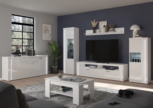 Lowboard - mit Beleuchtung, B ca. 201 cm, Weiß, Weiß Hochglanz