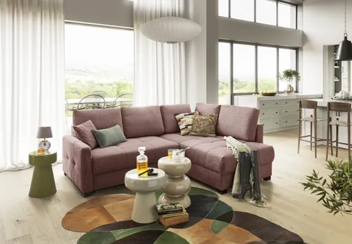 Ecksofa EDWIN - 2-Sitzer, Ecke rechts inkl. Schlaffunktion und Bettkasten, Stoff, Koralle