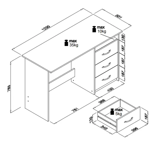 Schreibtisch - LB ca. 123x50 cm, Eiche Dekor, Kaschmir