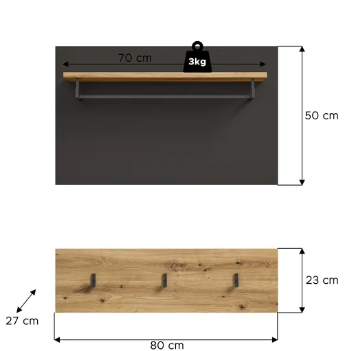 Garderobenpaneele - B ca. 80 cm, Basalt grau, Artisan Eiche Nachbildung