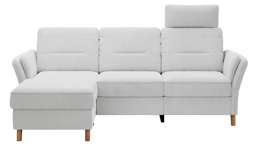 Ecksofa Vayra - Longchair links mit 2,5-Sitzer rechts, inkl. Relaxfunktion (motorisch) und Kopfstütze verstellbar (manuell), Stoff, Offwhite