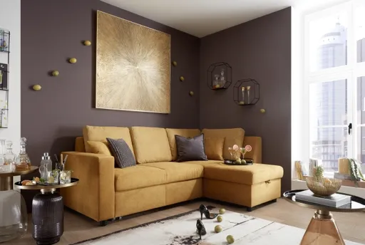 Ecksofa PRO FLEXX - 2-Sitzer, Ecke rechts inkl. Schlaffunktion und Bettkasten, Stoff, Senfgelb