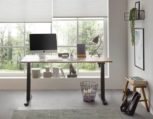 Schreibtisch - höhenverstellbar, LB ca. 137x68 cm, Eiche Dekor, Stahl, Schwarz