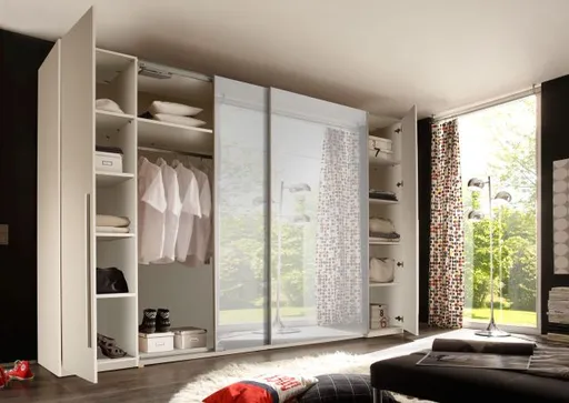 Schwebe-/Drehtürenschrank- B ca. 270 cm, Weiß, Spiegel