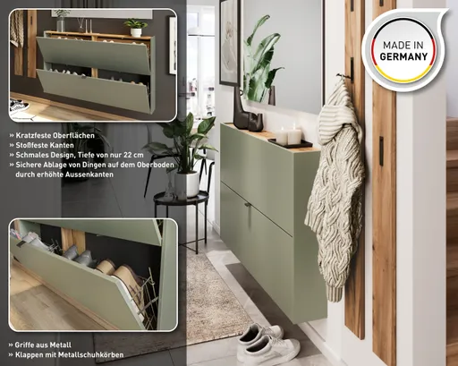 Schuhschrank GIANNA - B ca. 140 cm, Taupegrün, Navarra Eiche Nachbildung