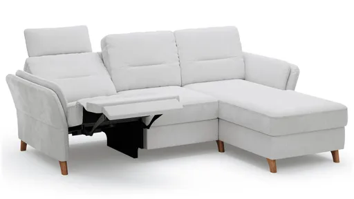 Ecksofa Vayra - 2,5-Sitzer mit Longchair rechts, inkl. Relaxfunktion (motorisch) und Kopfstütze verstellbar (manuell), Stoff, Offwhite
