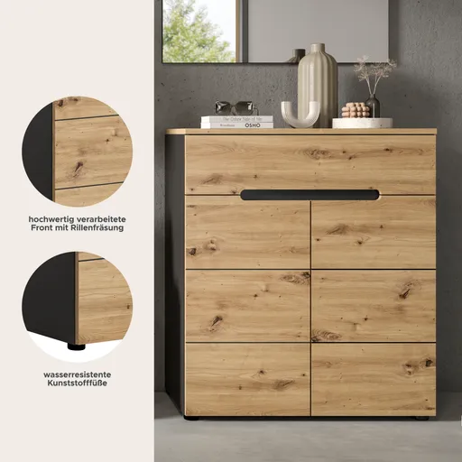 Schuhschrank - B ca. 80 cm, Basalt grau, Artisan Eiche Nachbildung