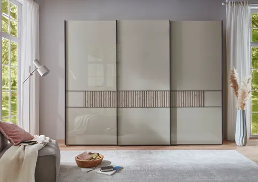 Schwebetürenschrank - B ca. 300 cm, Querriegel mit Lamellen, Glas Kieselgrau
