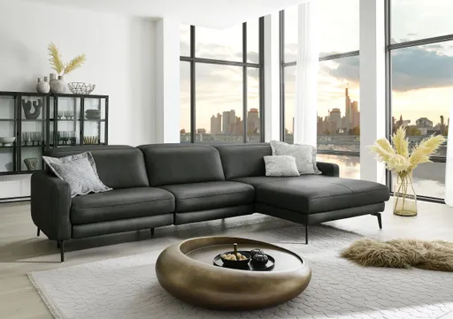 Ecksofa -3-Sitzer mit Longchair rechts, Kopfteil verstellbar, Leder, Anthrazit