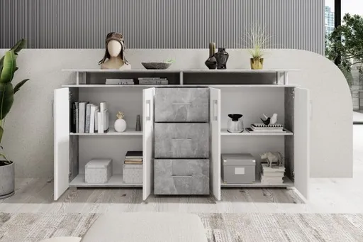 Highboard - B ca. 178 cm, Betonoptik, Weiß