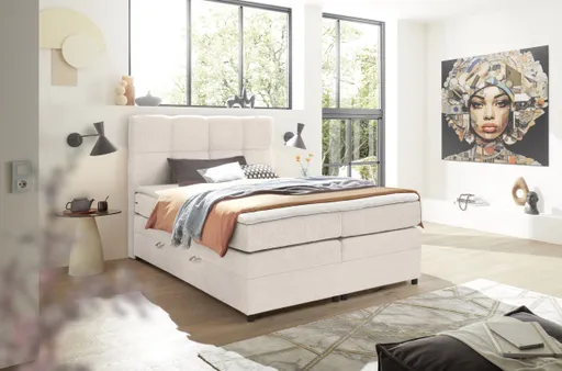 Boxspringbett SANDRIN R- Liegefläche ca. 160x200 cm, Stoff, Creme, inkl. Stauraum	