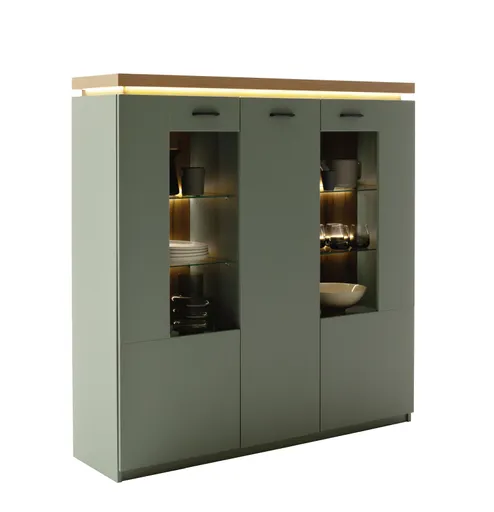 Highboard - mit Beleuchtung, B ca. 138 cm, Salbeigrün, Eiche Evoke Nachbildung