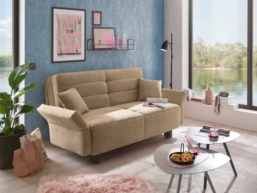  Faltsofa Easy - 2-Sitzer, ca. 140 cm inkl. Schlaffunktion/Topper/Armteil verstellbar, Stoff, Braun
