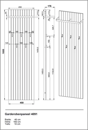 Garderobenpaneel - B ca. 46 cm, Navarra Eiche Nachbildung, Schwarz