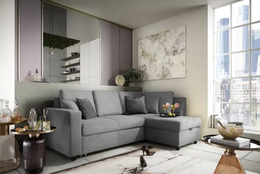 Ecksofa PRO FLEXX - 2-Sitzer, Ecke rechts inkl. Schlaffunktion und Bettkasten, Stoff, Grau