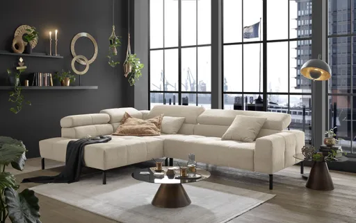 Ecksofa COLLEEN - Ecke links und 2-Sitzer, Sitzvorzug motorisch, Feincord, Sand