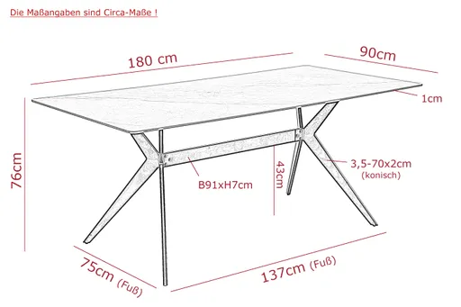 Esstisch - LB ca. 180x90 cm, Marmoroptik grau, Schwarz