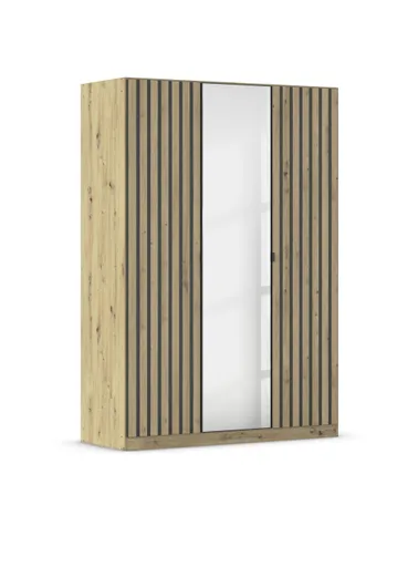 Drehtürenschrank RUERTO- B ca. 136 cm, Eiche Dekor, Dunkelgrau, Paneel, Eiche Dekor, Spiegel