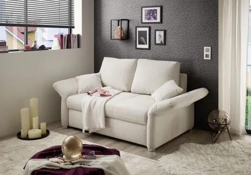Sofa JORDEN - 1,5-Sitzer inkl. Schlaffunktion mit Bettkasten, verstellbare Armlehnen, Stoff, Beige