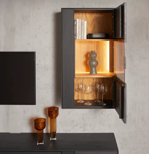 Hängevitrine Estana - inkl. Beleuchtung, Eiche massiv, anthrazit