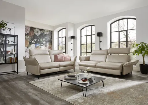 Sofa - 2,5-Sitzer, Kopfteil verstellbar, Leder, Creme