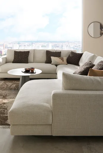 Ecksofa Cuneo Select - Ecke links, 2-Sitzer, Longchair rechts, Stoff, Offwhite