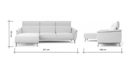 Ecksofa Nevin - Longchair links mit 2-Sitzer rechts, inkl. Kopfpolsterverstellung, Stoff, Weiß