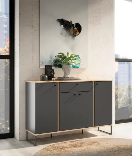 Sideboard - B ca. 135 cm, Anthrazit, Evoke Eiche Nachbildung