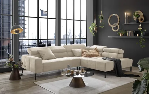 Ecksofa COLLEEN - 2-Sitzer mit Ecke rechts, Kopfteil verstellbar, Feincord, Sand