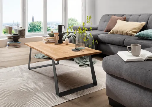 Couchtisch - LB ca. 110x60 cm, Wildeiche massiv geölt, Baumkante, Schwarz