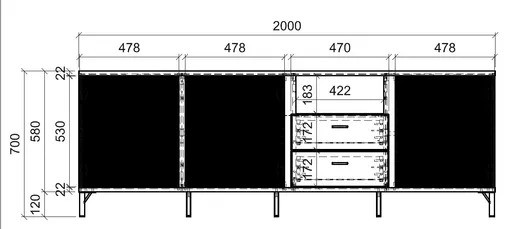 TV-Board - B ca. 200 cm, Schwarz