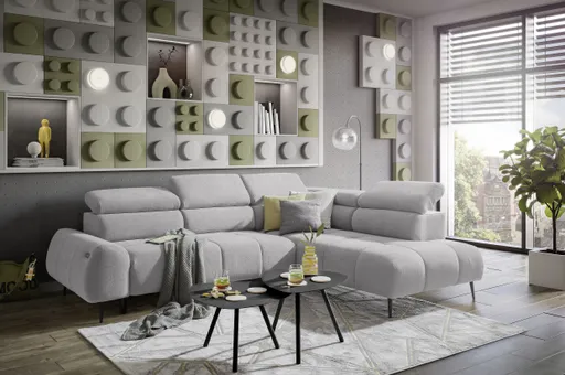 Ecksofa - 2-Sitzer mit Ecke rechts, Sitzvorzug motorisch, Kopfteil verstellbar, Stoff, Hellgrau