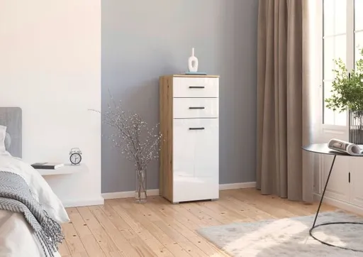 Kommode RHONDA- Eiche Dekor, Weiß, Hochglanz