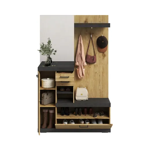 Kompaktgarderobe- Grau, Eiche Dekor