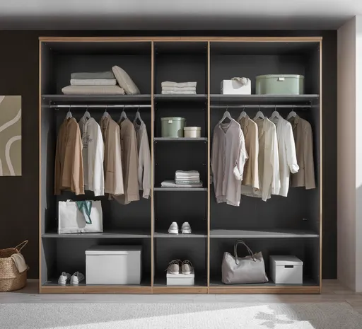 Drehtürenschrank - B. ca. 250,4 cm, Außentüren Holzdekor, Mitteltüren Beige