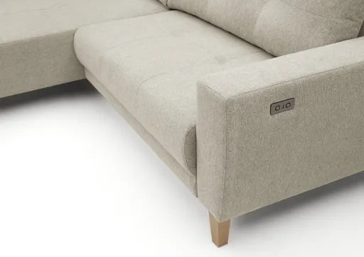 Ecksofa - Ecke links, 3-Sitzer inkl. elektrische Sitztiefenverstellung, Stoff, Hellgrau