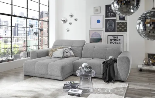 Ecksofa - Longchair links mit 2-Sitzer, Kopfteil verstellbar, Sitztiefe verstellbar motorisch, Stoff, Hellgrau
