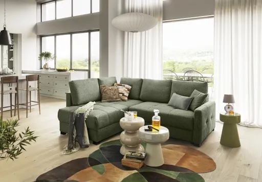 Ecksofa EDWIN - 2-Sitzer, Ecke rechts inkl. Schlaffunktion und Bettkasten, Stoff, Graugrün