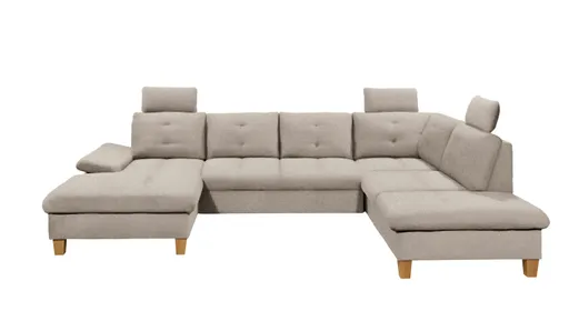 Wohnlandschaft - Ecke links, 2-Sitzer, Longchair rechts inkl. Schlaffunktion mit Bettkasten, Stoff, Hellgrau
