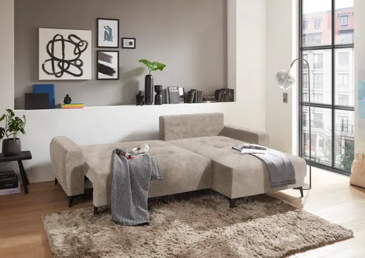 Ecksofa - 2-Sitzer, Ecke rechts inkl. Schlaffunktion mit Bettkasten, Stoff, Taupe