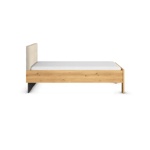 Bett - Liegefläche ca. 100x200 cm, mit Polsterkopfteil Champagner, Stollenfuß Asteiche Massiv