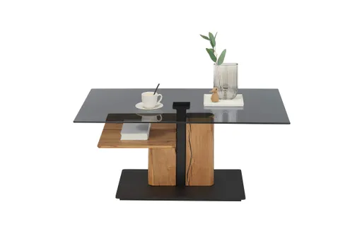 Couchtisch - höhenverstellbar, LBH ca. 105x65x45 cm, Glas grau, Eiche massiv