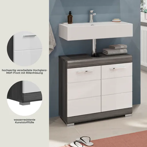 Waschbeckenunterschrank - B ca. 60 cm, Rauchsilber, Weiß Hochglanz