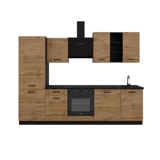 Küchenblock- ohne E-Geräte, B ca. 280 cm, Schwarz, Eiche Dekor