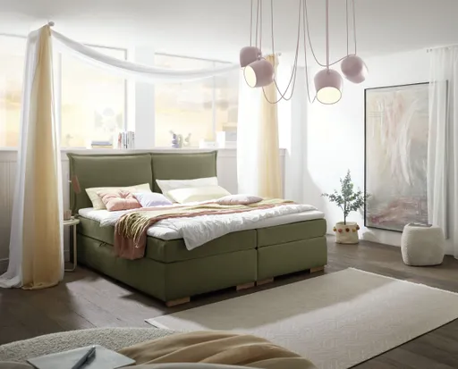 Boxspringbett SANDRIN A- Liegefläche ca. 200x200 cm, Stoff, Olivgrün, inkl. Stauraum