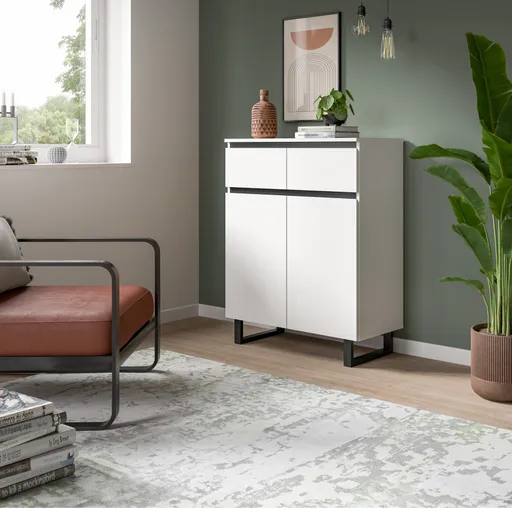 Kommode - B ca. 80 cm, Weiß, Schwarz