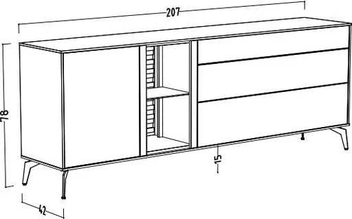 Lowboard - B ca. 207 cm, Weiß, Asteiche, Schwarz