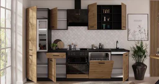 Küchenblock- ohne E-Geräte, B ca. 280 cm, Schwarz, Eiche Dekor