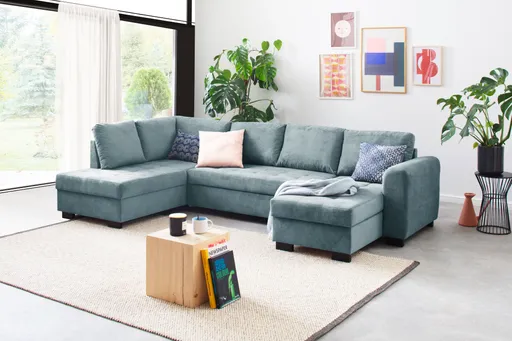 Wohnlandschaft - Ecke links, 2-Sitzer, Longchair rechts, Stoff, Blau